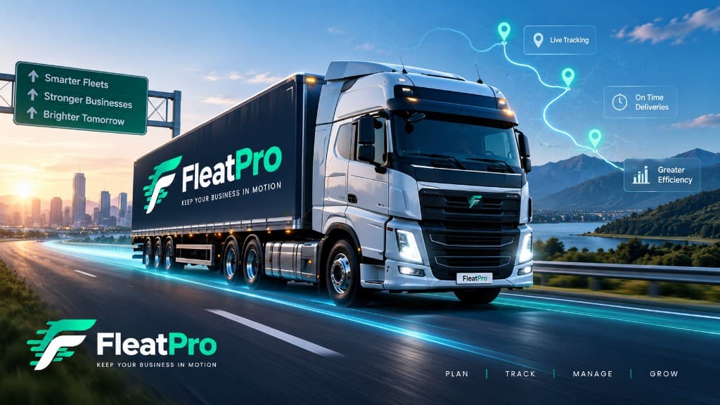 FleatPro branded semi-truck on the highway with live tracking overlays