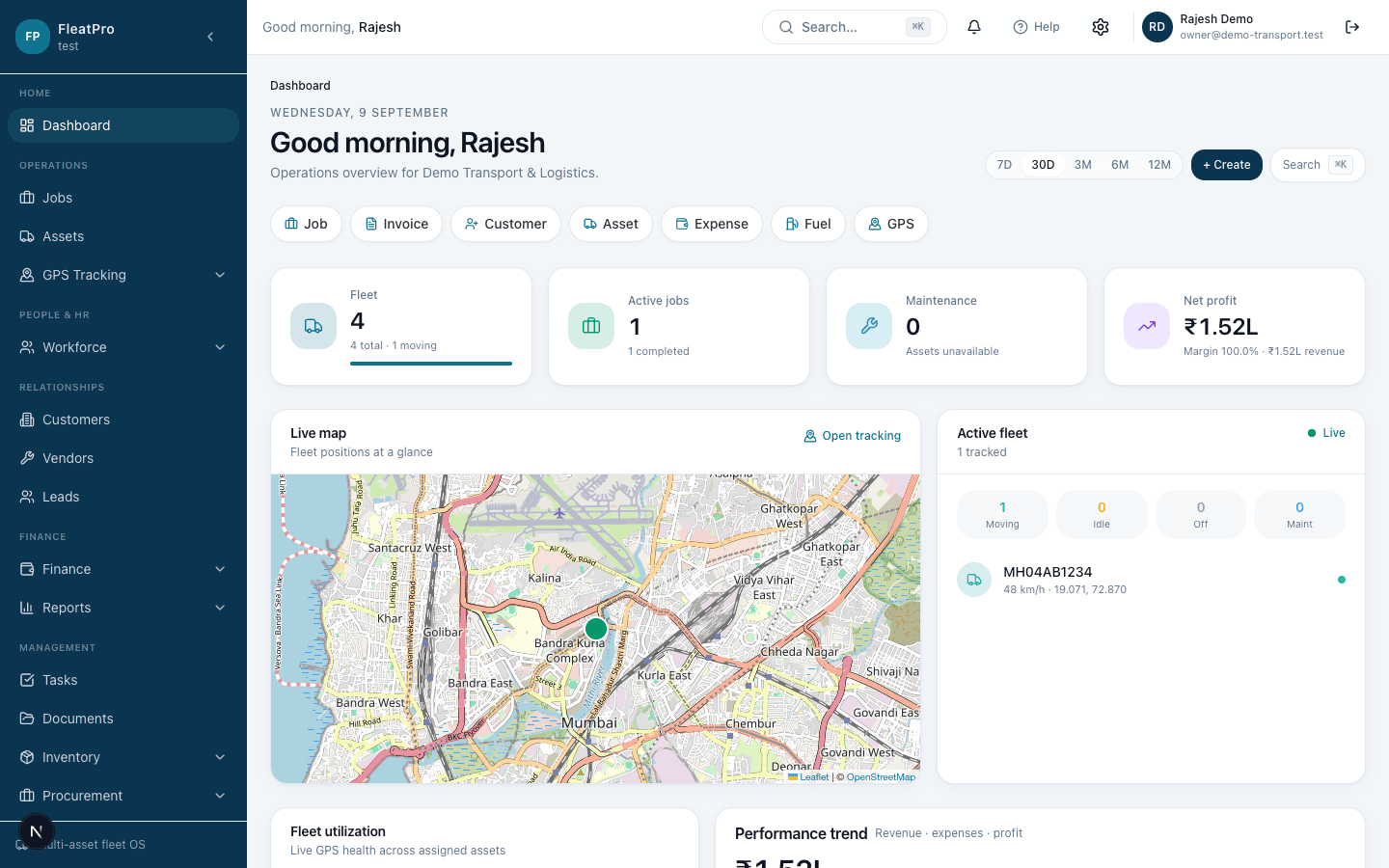 FleatPro dashboard from demo company